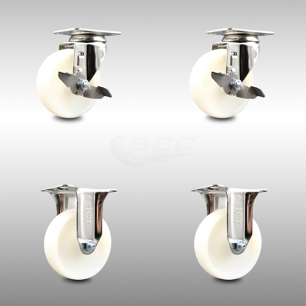 4 Inch 316SS Nylon Wheel Swivel Top Plate Caster Brake 2 Rigid SCC, 2PK